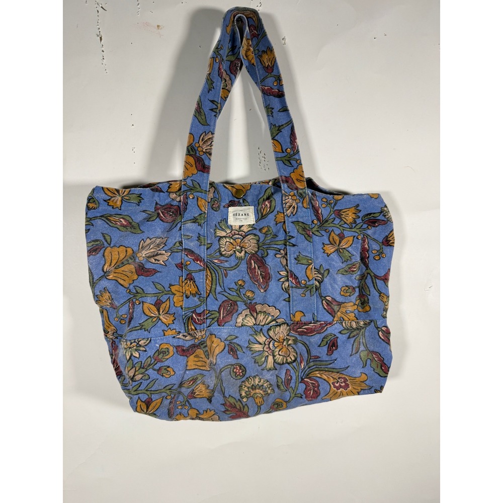 Sezane Blue Floral Canvas Tote Bag Botanical Print Shopper